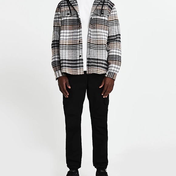 River Island Stone Check Print Long Sleeve Shacket with hood - Picture 1 of 5
